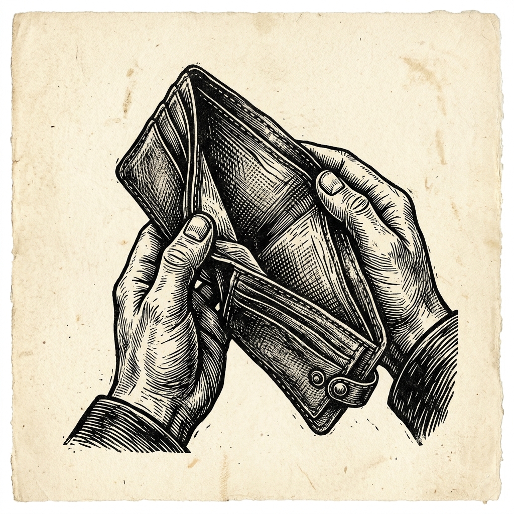 Woodcut of hand holding empty wallet