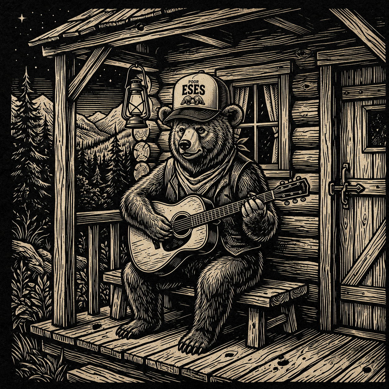 Woodcut of a cowboy bear playing guitar on a porch