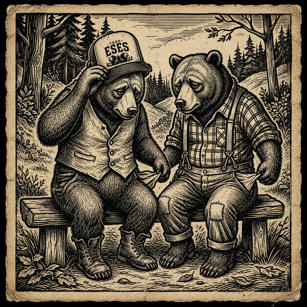 Two Woodcut Bears looking down at empty pockets