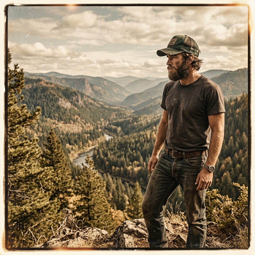 Rugged explorer with hat looking over mountains