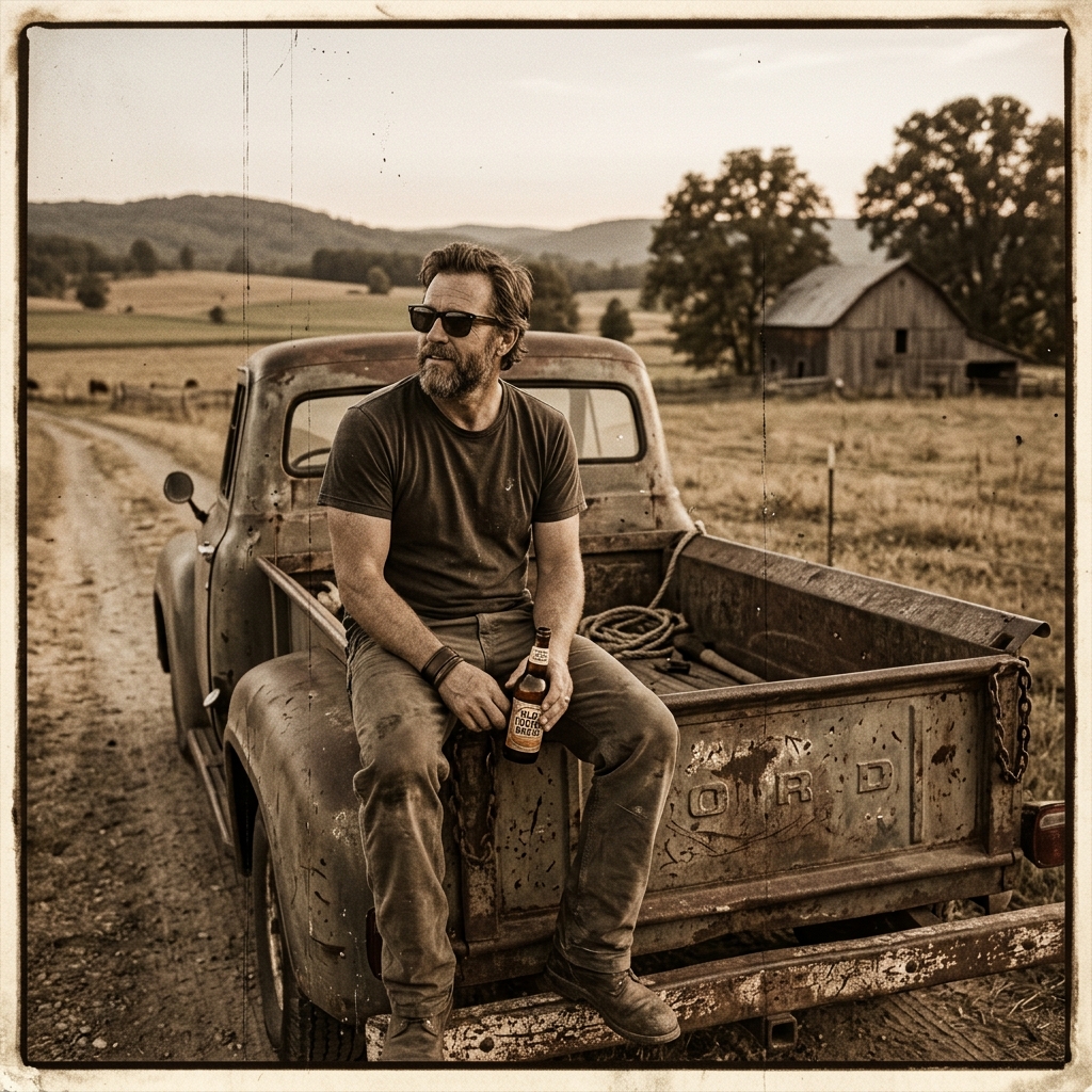 Man sitting on vintage tailgate truck