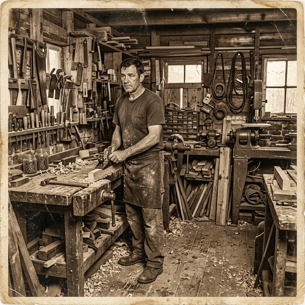 Man in black t-shirt standing in workshop