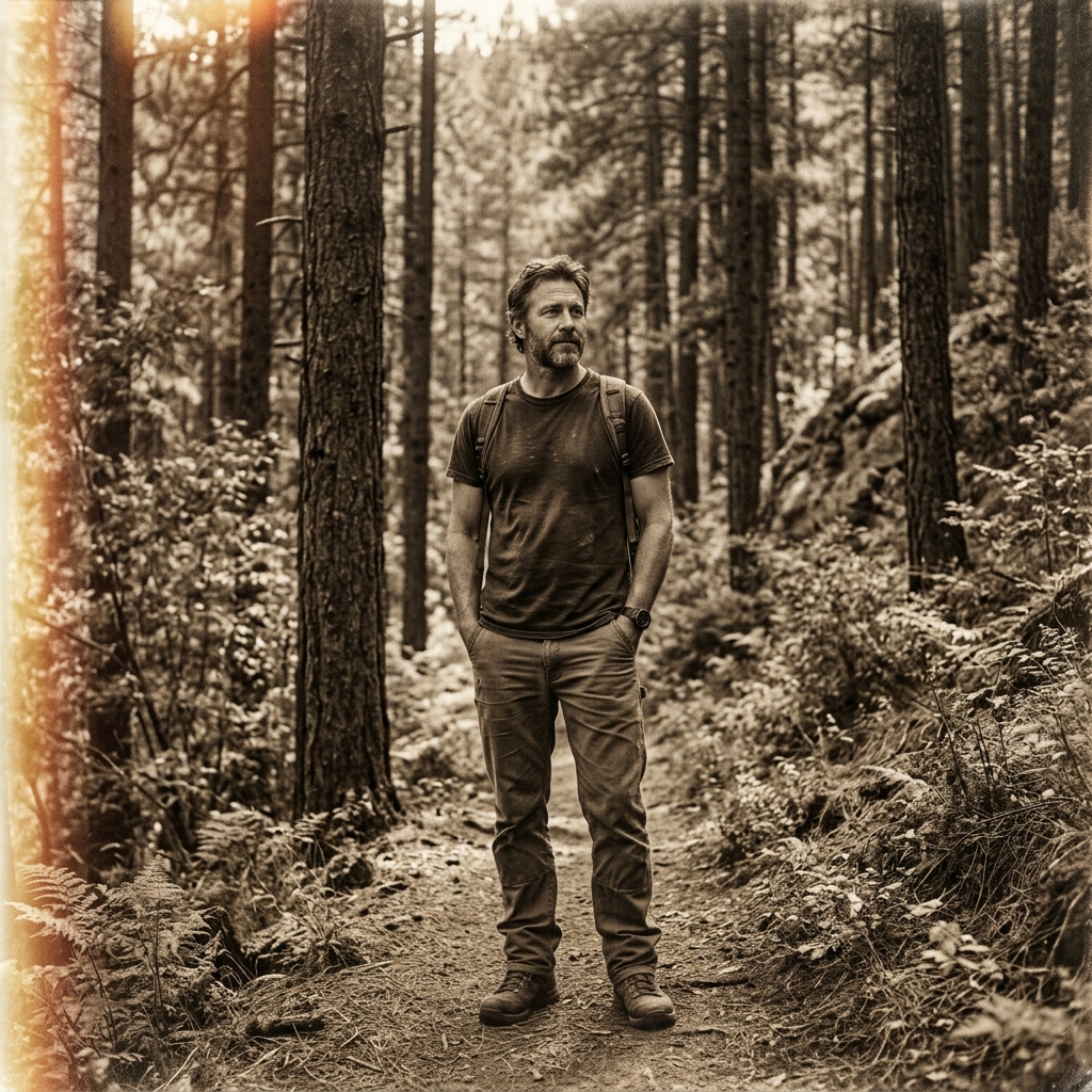 Outdoors man looking side in pine forest