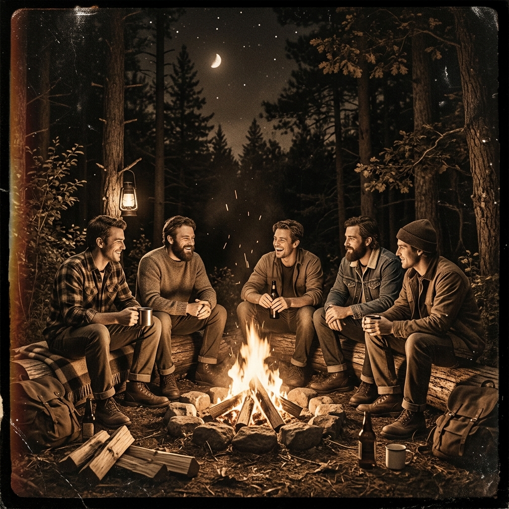 Friends gathered around campfire at night